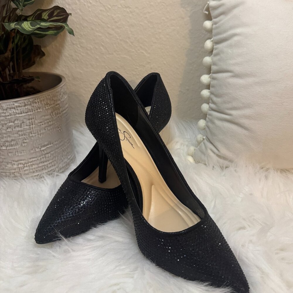 Jessica Simpson Black Rhinestone Pointed-Toe Heels | Size 8 / EU 39